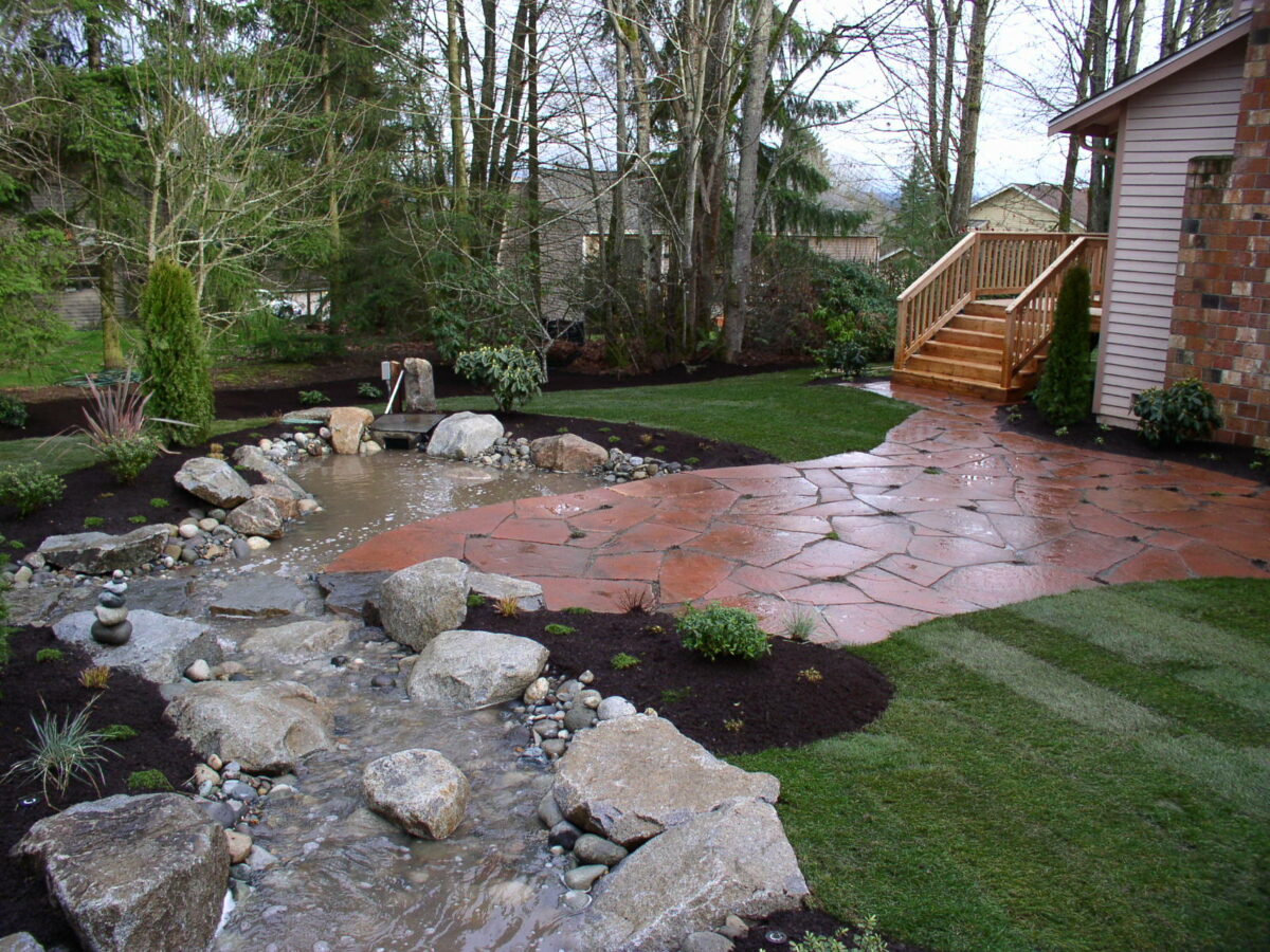 Water feature in backyard installation landscaping